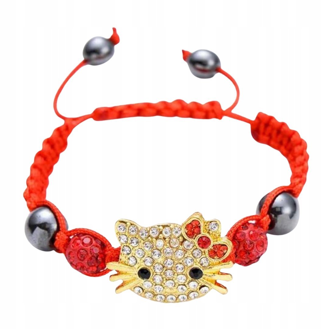 Czerwona bransoletka z kotkiem i kryształkami modny delikatny dodatek