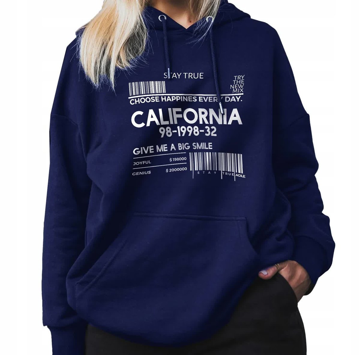 GRANATOWA BLUZA DAMSKA Z Kapturem CALIFORNIA Zabawne Wzory Rozmiar M