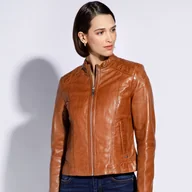 Kurtki damskie - Damska kurtka ze skóry z przeszyciami na ramionach - miniaturka - grafika 1