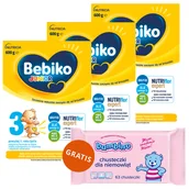 Mleko modyfikowane - Zestaw Bebiko Junior 3 Nutriflor Expert, odżywcza formuła na bazie mleka, powyżej 1 roku, 3 x 600 g + Bambino, chusteczki nawilżane, od urodzenia, 63 sztuki gratis - miniaturka - grafika 1