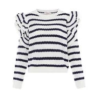 Swetry damskie - Aleva Damski sweter w paski z falbankami i okrągłym dekoltem, wełniano-biały, granatowy, rozmiar XL/XXL, Wełniana biel morska, XL - miniaturka - grafika 1
