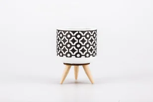 Świecznik ceramiczny 10,5 biało czarny z drewnianymi nóżkami - Świeczniki - miniaturka - grafika 1
