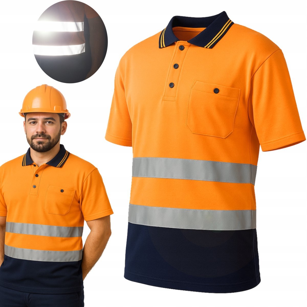 KOSZULKA ROBOCZA MĘSKA OSTRZEGAWCZA ODBLASKOWA POLO ODDYCHAJĄCA BHP r.S
