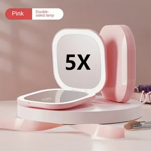 TEMU 1 szt. podwójne światło 3-kolorowe lusterko LED, kieszonkowe lustro z magnesem, regulowana jasność, 5x powiększenie, składane mini lusterko - Lusterka do makijażu - miniaturka - grafika 1
