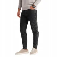 Spodnie męskie - Jeansowe spodnie cargo SLIM FIT czarne V2 OM-PADP-0176 XXL - miniaturka - grafika 1