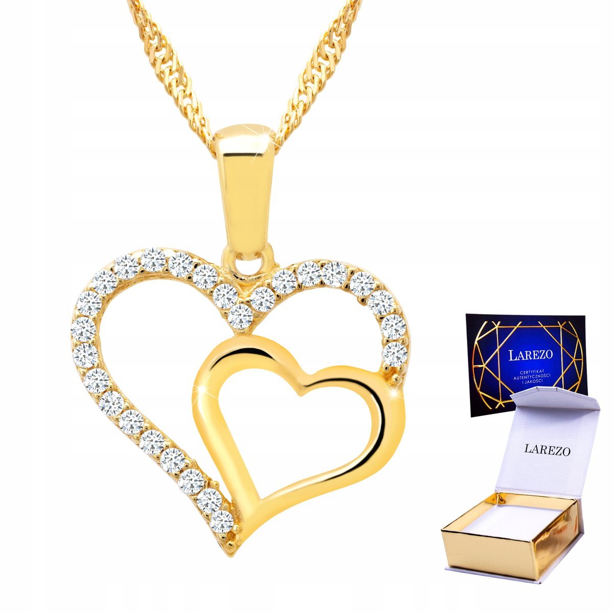 Złoty Naszyjnik 925 Podwójne Serce z Cyrkoniami Dwa Serca Serduszko Love