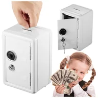 Skarbonki - SKARBONKA SEJF DLA DZIECI BANKOMAT BANKNOTY MONETY PIN BIAŁY KLUCZ METALOWY - miniaturka - grafika 1