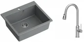 Zlewozmywaki z baterią - Quadron Zlewozmywak granitowy jednokomorowy 57*50*22 cm MORGAN 110 SILVER STONE ze stalowym odpływem z baterią JESSICA Q LINE z wyciąganą wylewką i funkcją prysznica kolor stal szczotkowana - miniaturka - grafika 1