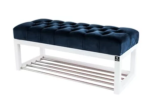 Ławka na buty 75cm EMRAWOOD drewno lite kolor biały siedzisko pikowane kolor granatowy - Ławki do przedpokoju - miniaturka - grafika 1