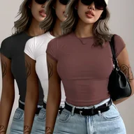Bluzki damskie - TEMU 3 szt. Damska Koszulka Slim Fit z Elastycznego Poliestru – Seksowna, Casual Okrągły Dekolt Krótki Rękaw, Jednokolorowa Podstawowa Stylizacja na - miniaturka - grafika 1