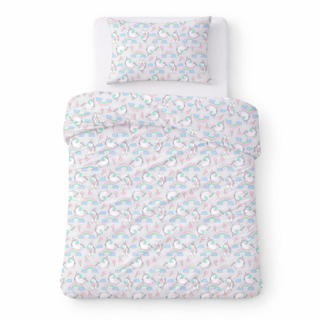 Pościel bawełniana 140x200 szara jasna w jednorożce i tęcze, dziecięcy nowoczesny - COTTON HOME KIDS