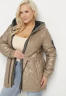 Kurtki damskie - Brązowa Kurtka Pikowana Parka z Nieodpinanym Kapturem Oferra - miniaturka - grafika 1