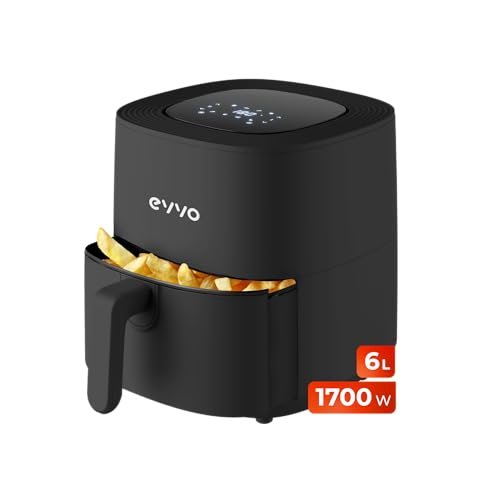 EVVO Bezolejowa frytkownica powietrzna, 6 l, 1700 W, nieprzywierająca patelnia, technologia Dual Cyclone, wielofunkcyjna, pieczenie, odwadnianie, rozmrażanie, do 200 stopni, automatyczne wyłączanie