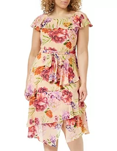 Gina Bacconi Damska szyfonowa sukienka z falbanką w kwiaty z samodzielnego wiązania, koktajlowa, różowo-zielona, 22, Różowy/zielony, 48 - Sukienki - miniaturka - grafika 1