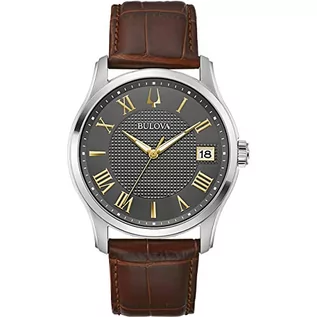 Paski - Bulova Męski analogowy zegarek kwarcowy ze skórzaną bransoletką 96B389, srebrno-brązowo-szary, Pasek - grafika 1