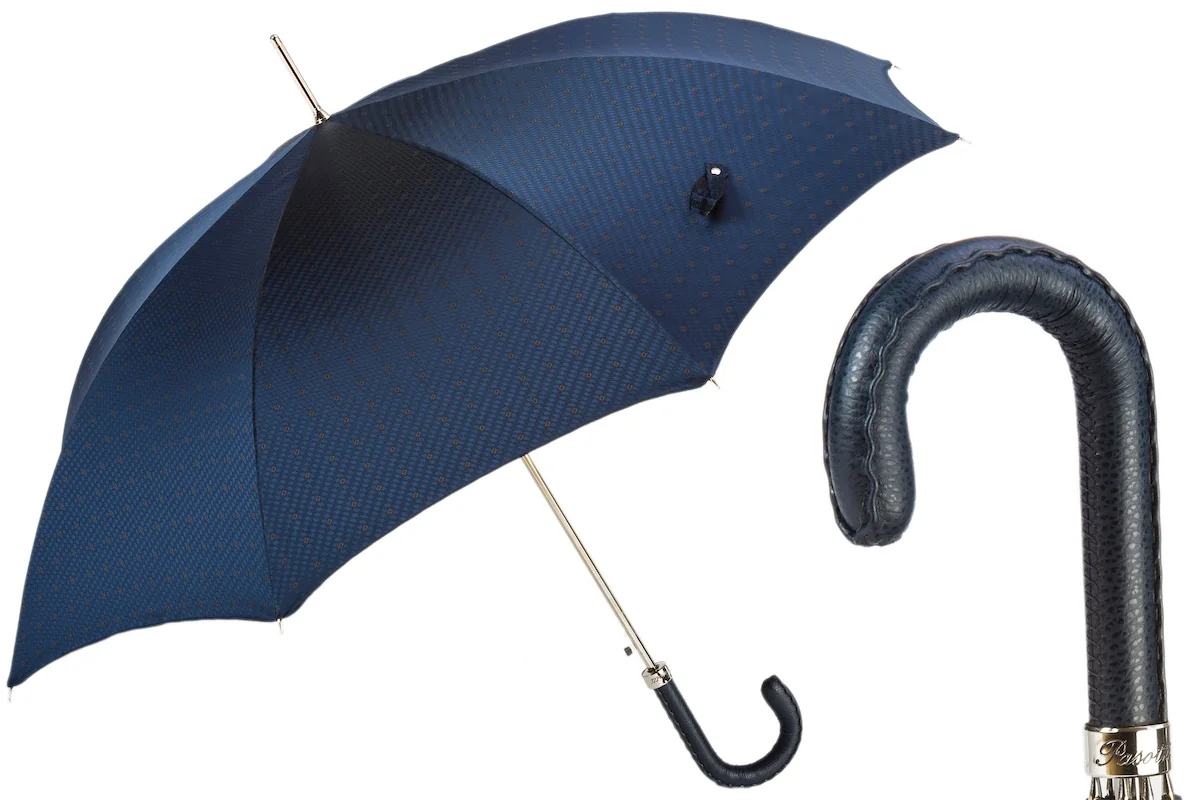 PASOTTI Męska Parasolka 95cm Granat Skórzana Rączka Manual Włochy