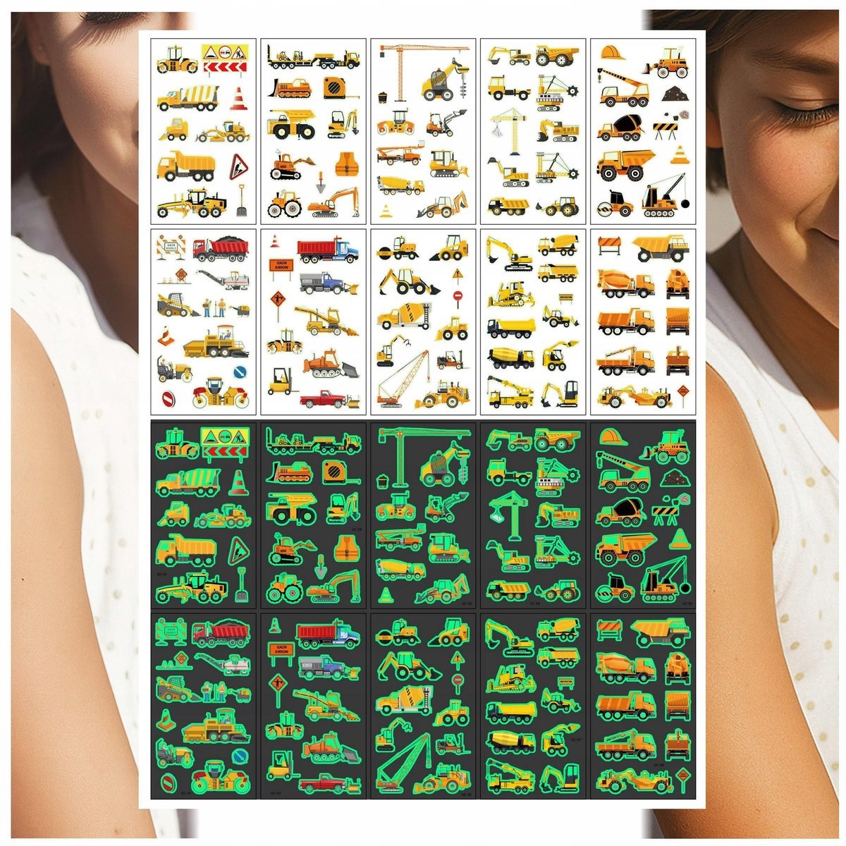 Tatuaże Zmywalne dla Dzieci Świecące w Ciemności Koparki 10 Wzorów