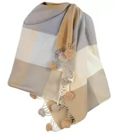 Apaszki i szaliki damskie - Szal szalik ciepła chusta w kratkę z pomponami - miniaturka - grafika 1