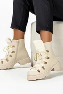 Botki damskie - Beżowe botki śniegowce damskie z kożuszkiem sznurowane Casu 22-15-40 - miniaturka - grafika 1