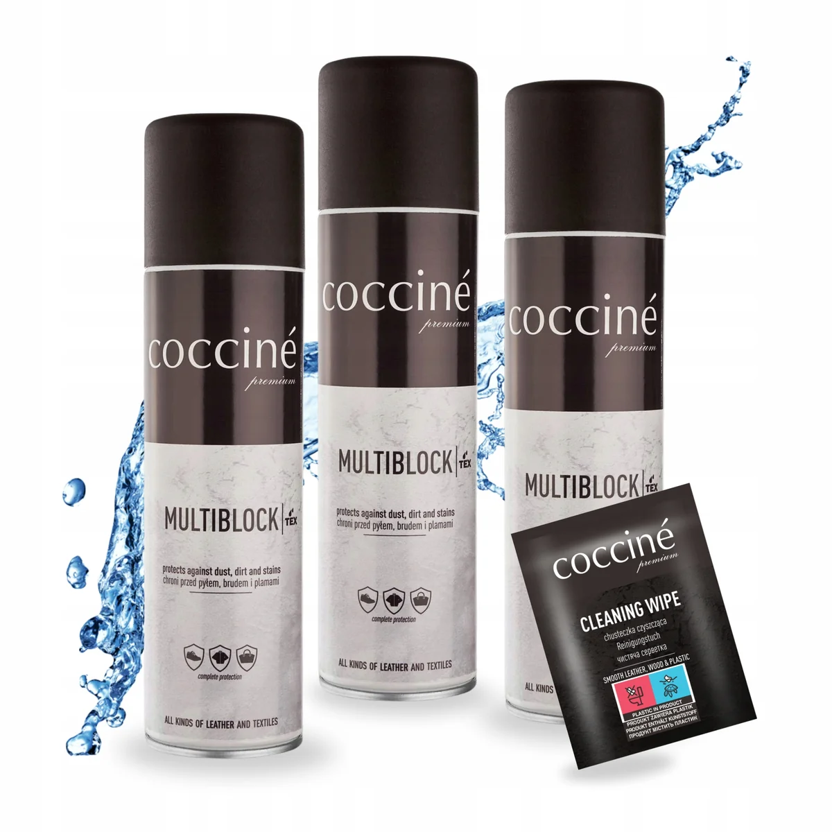 Spray Wodoodporny Impregnat Multiblock x3 z Chusteczką Zestaw Coccine 4w1