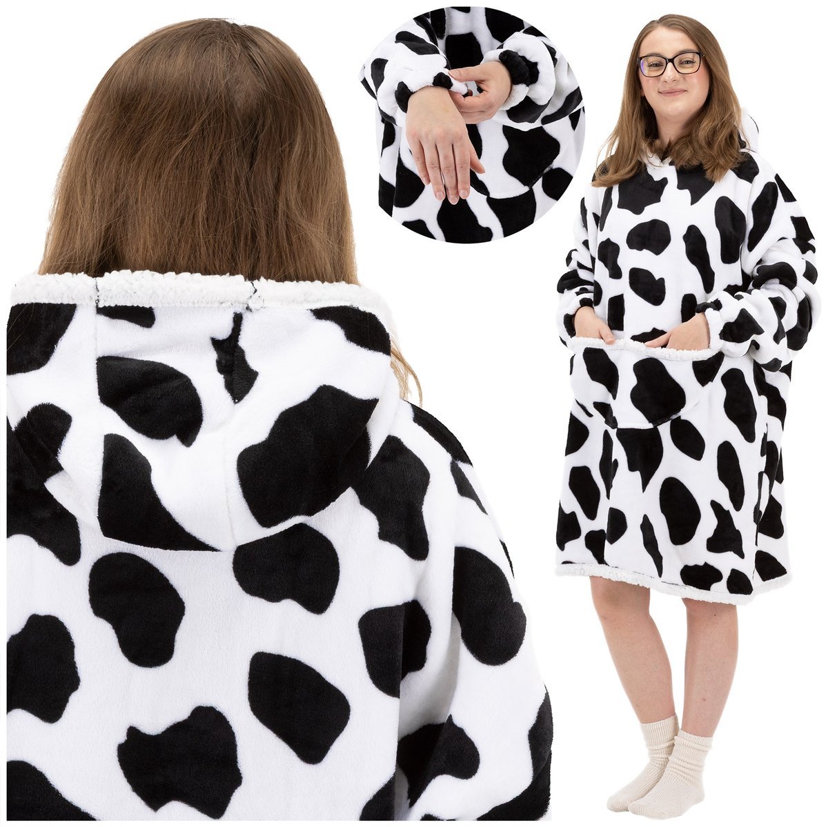 Bluza koc damska 2w1 kocobluza z kapturem ciepła oversize szlafrok futrzak czarno-biała