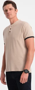 Ombre Koszulka męska polo bez kołnierzyka - beżowa V5 OM-TSCT-0156 M - Koszulki męskie - miniaturka - grafika 1
