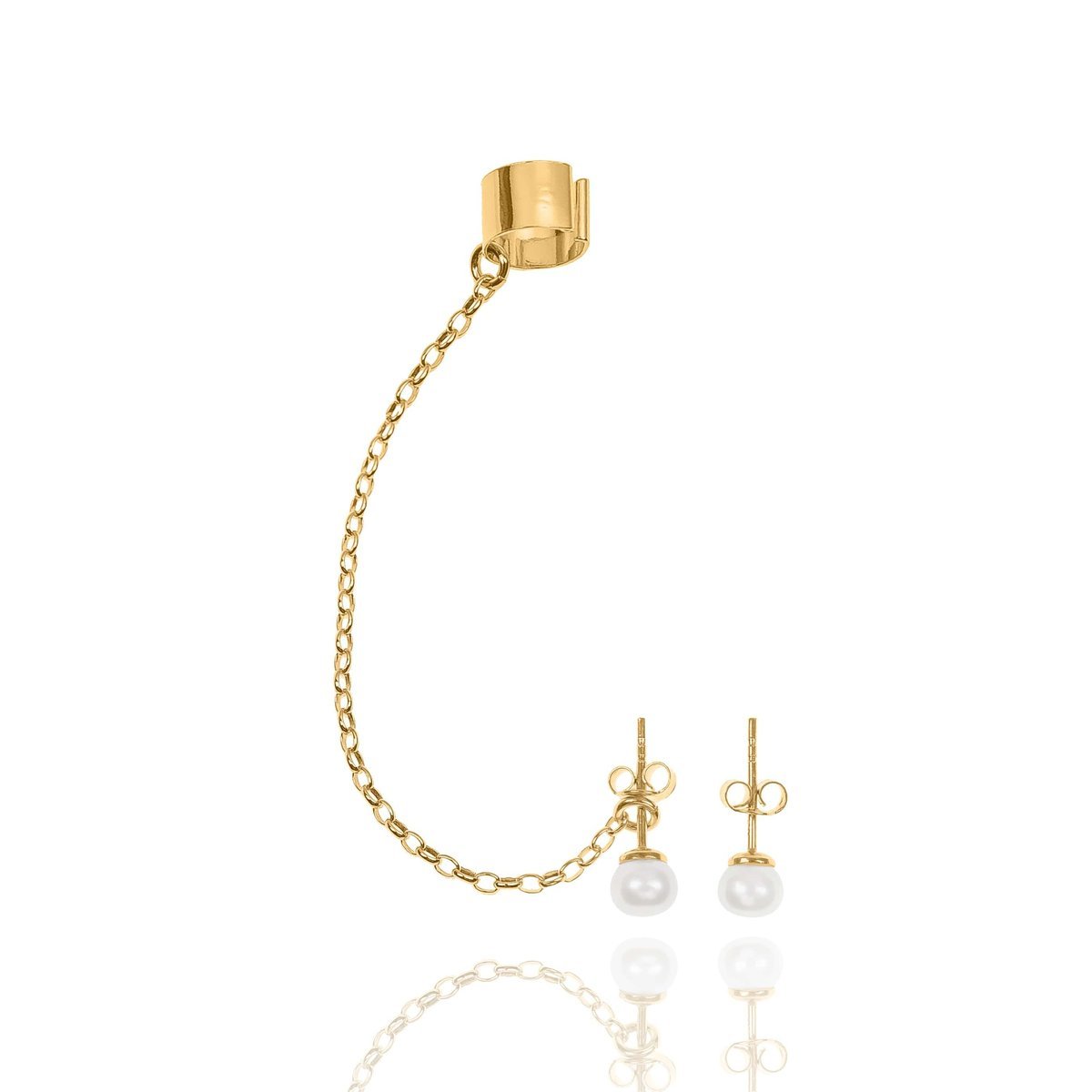 Nausznica srebrna pozłacana z łańcuszkiem i kolczykami perełkami