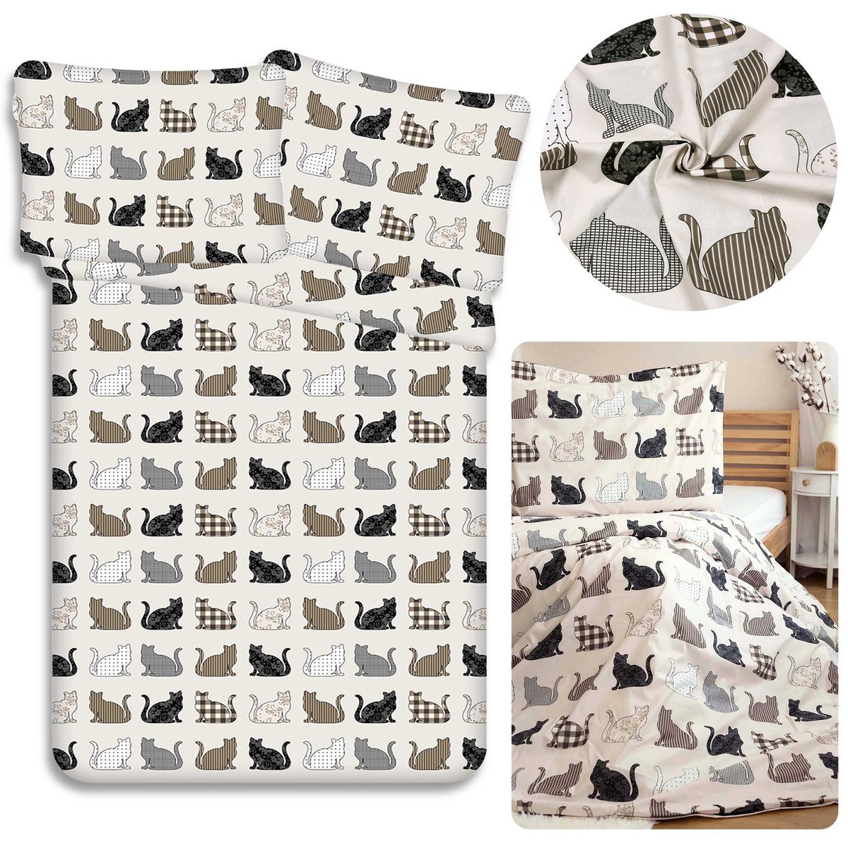 Beżowa, DWUSTRONNA, bawełniana pościel na zamek, KOTKI 100% BAWEŁNA 220x200cm+70x90cm
