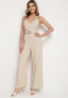 Kombinezony - Beżowy Wiskozowy Kombinezon o Kopertowym Kroju na Ramiączkach z Paskiem Medivia - miniaturka - grafika 1