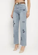 Spodnie damskie - Jasnoniebieskie Jeansy z Szerokimi Nogawkami i Ozdobnymi Haftami Silinnga - miniaturka - grafika 1