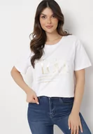 Koszulki i topy damskie - Biały T-shirt z Bawełny Ozdobiony Nadrukiem i Koronką Naliressa - miniaturka - grafika 1