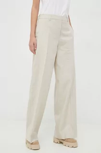 Spodnie damskie - Calvin Klein spodnie lniane kolor beżowy szerokie high waist - grafika 1