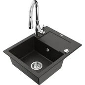 Zlewozmywaki z baterią - Mexen Enzo zlewozmywak granitowy 1-komorowy z ociekaczem i baterią kuchenną Savita, czarny/złoty metalik - miniaturka - grafika 1