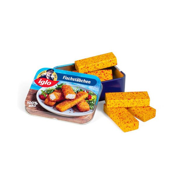 Chrupiące paluszki rybne w puszce Iglo z drewna Erzi