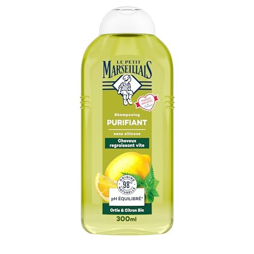 Le Petit Marseillais Organiczny szampon oczyszczający z pokrzywy i cytryny (300 ml) - Bezsilikonowy szampon do szybko odtłuszczających się włosów - 98% naturalnego pochodzenia i zrównoważone pH