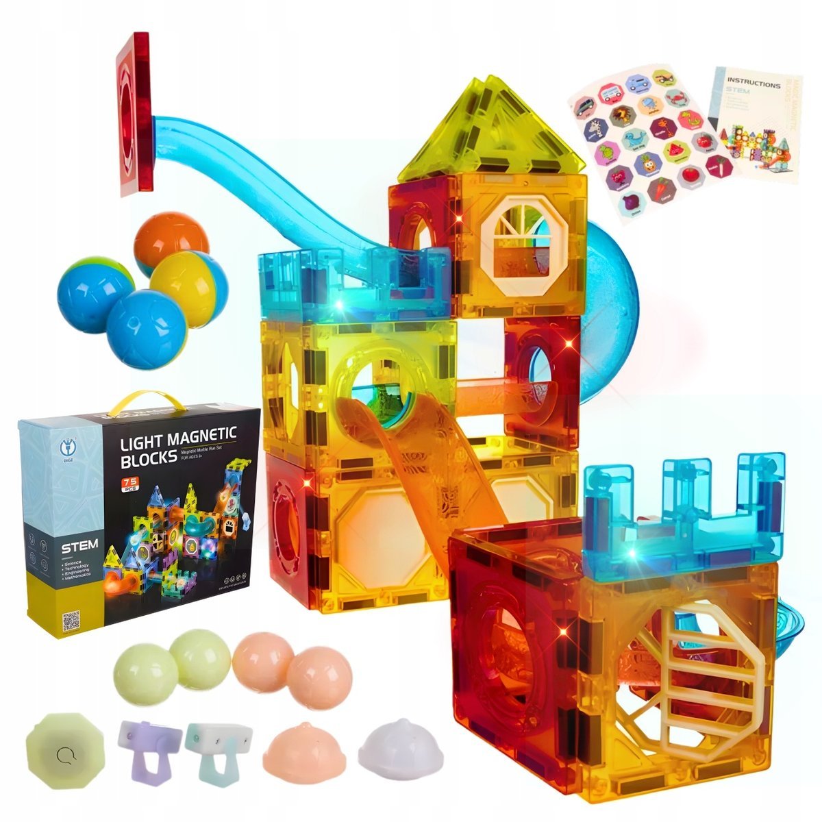 Klocki Magnetyczne Świecące z Torem Kulkowym 77 Elementów Edukacyjne