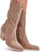 Botki damskie - Ażurowe Botki Kowbojki Na Słupku Ciemnobeżowe Salive 38 - miniaturka - grafika 1