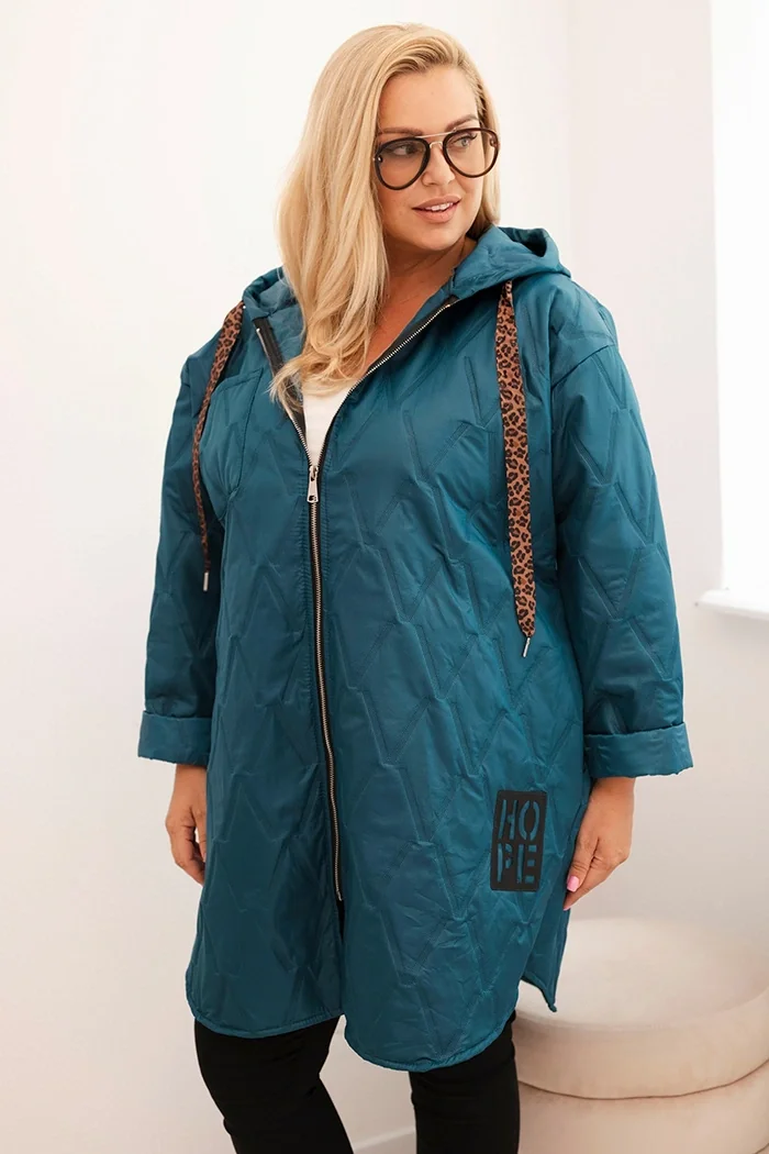 Kurtka damska Plus Size pikowana z kapturem i napisem HOPE morska Morski