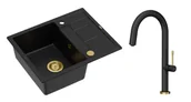 Zlewozmywaki z baterią - Quadron Unique Zlewozmywak granitowy jednokomorowy 62*50*22 cm z ociekaczem MORGAN 116 PURE CARBON z syfonem Push-2-Open w kolorze złotym z baterią HALEY T LINE PURE CARBON kolor czarny mat/wykończenie złote - miniaturka - grafika 1