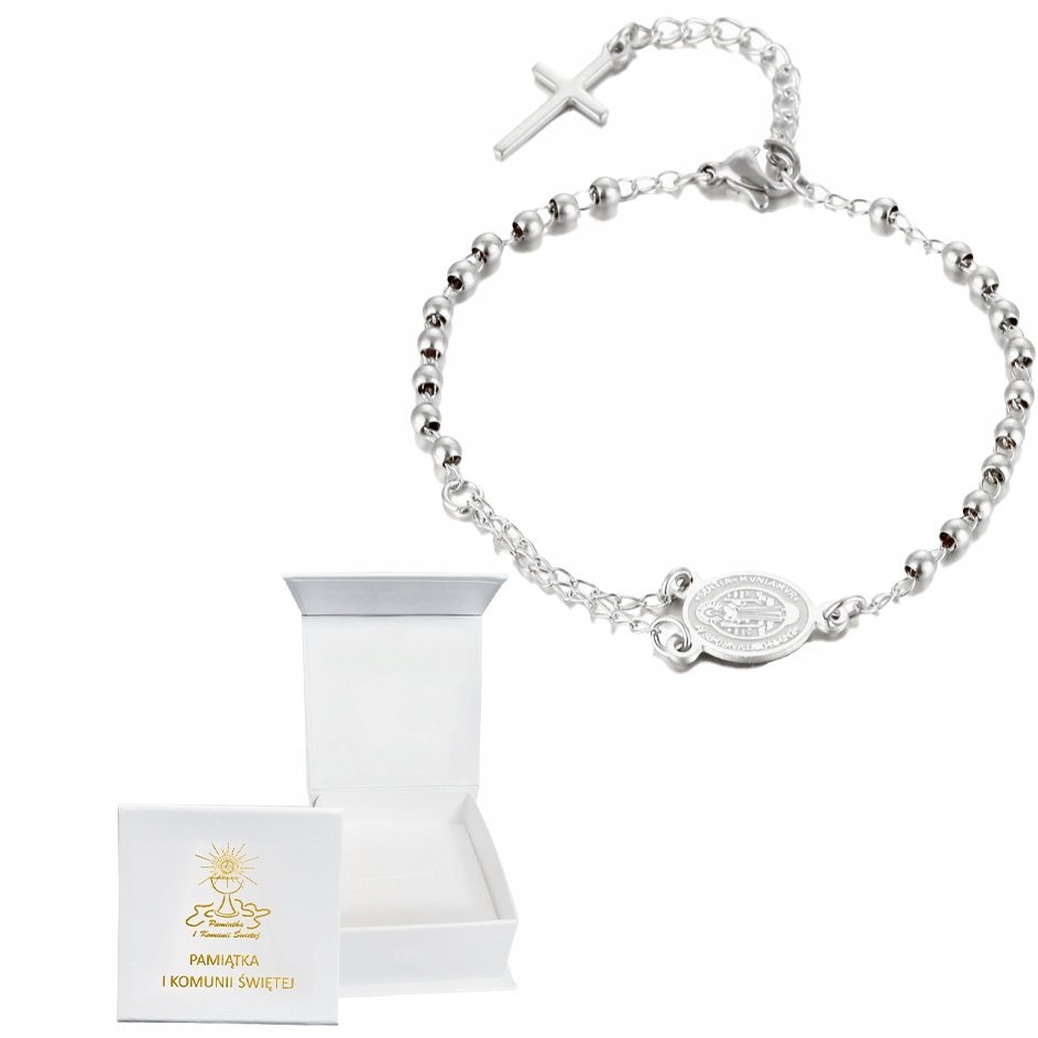SREBRNA BRANSOLETKA RÓŻANIEC KRZYŻYK MEDALIK NA KOMUNIĘ STAL SZLACHETNA 316