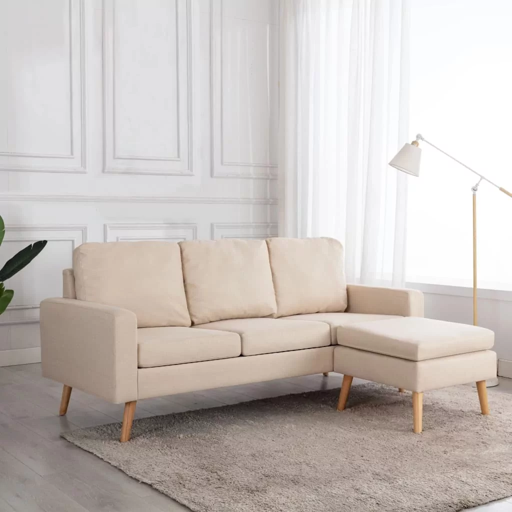 vidaXL 3-osobowa sofa z podnóżkiem, kremowa, tapicerowana tkaniną