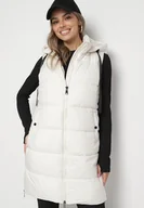 Kamizelki damskie - Biała Długa Kamizelka Pikowana z Odpinanym Kapturem i Sznurkami do Regulacji Nerienna - miniaturka - grafika 1