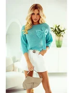 Swetry damskie - KRÓTKI SWETER BONA Z KOKARDĄ POLSKI PRODUCENT J&K PREMIUM - TURKUS MIĘTA - miniaturka - grafika 1