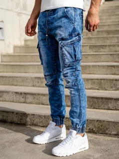 Spodnie męskie - Granatowe spodnie jeansowe joggery bojówki męskie Denley TF050 - grafika 1