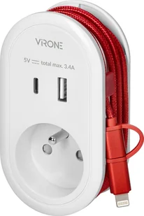 Adapter USB Orno Adapter z ładowarką USB i kablem ładującym typ C + Lightning, 1x2P+Z, 2xUSB Typ A+C, max 3,4A - Adaptery i przejściówki - miniaturka - grafika 1