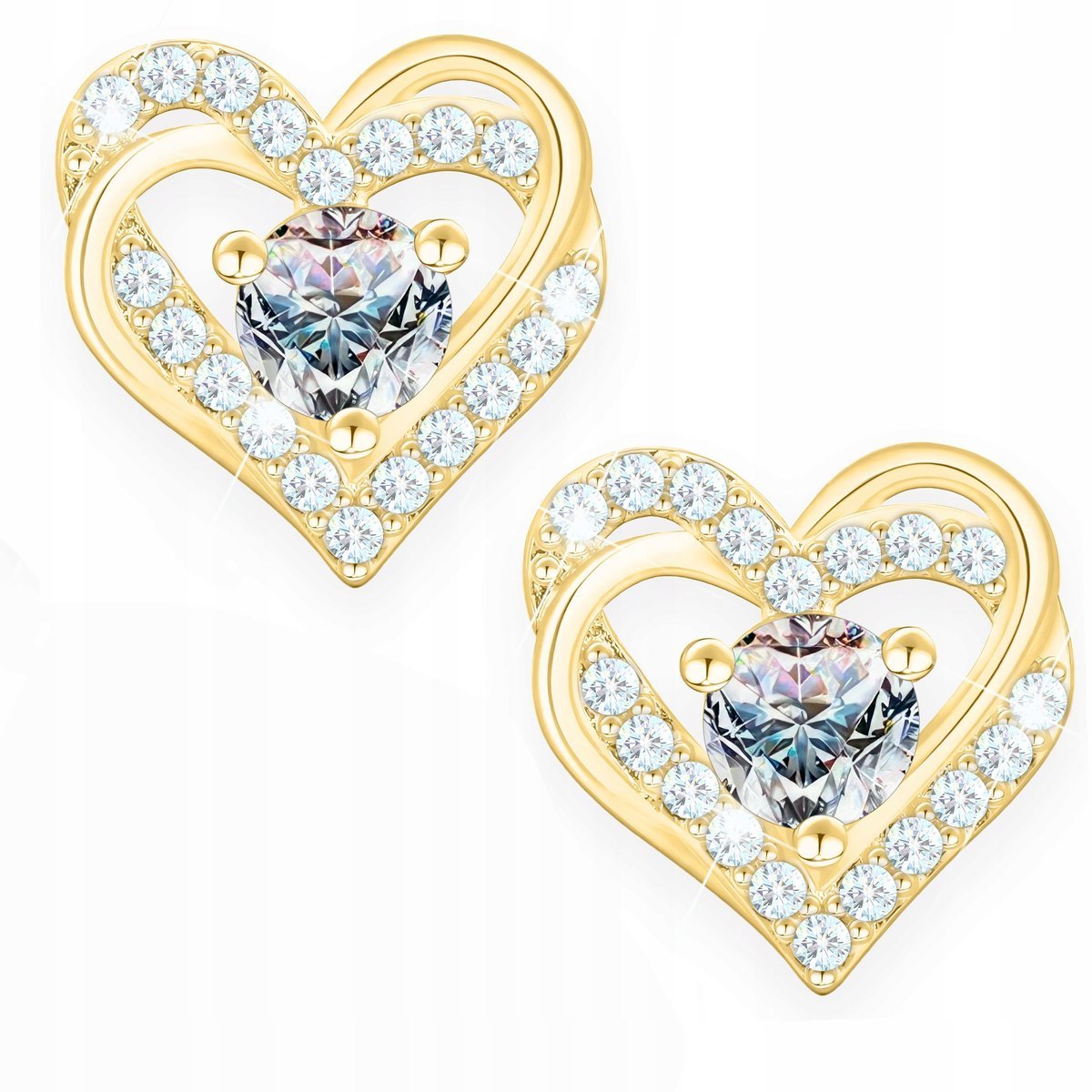 Złote Kolczyki Serca z Białym Oczkiem Serduszka Cyrkonie SREBRO 925