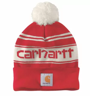 Czapki damskie - Czapka zimowa z pomponem Carhartt Knit Pom-Pom Cuffed Logo Beanie Red Winter White - grafika 1