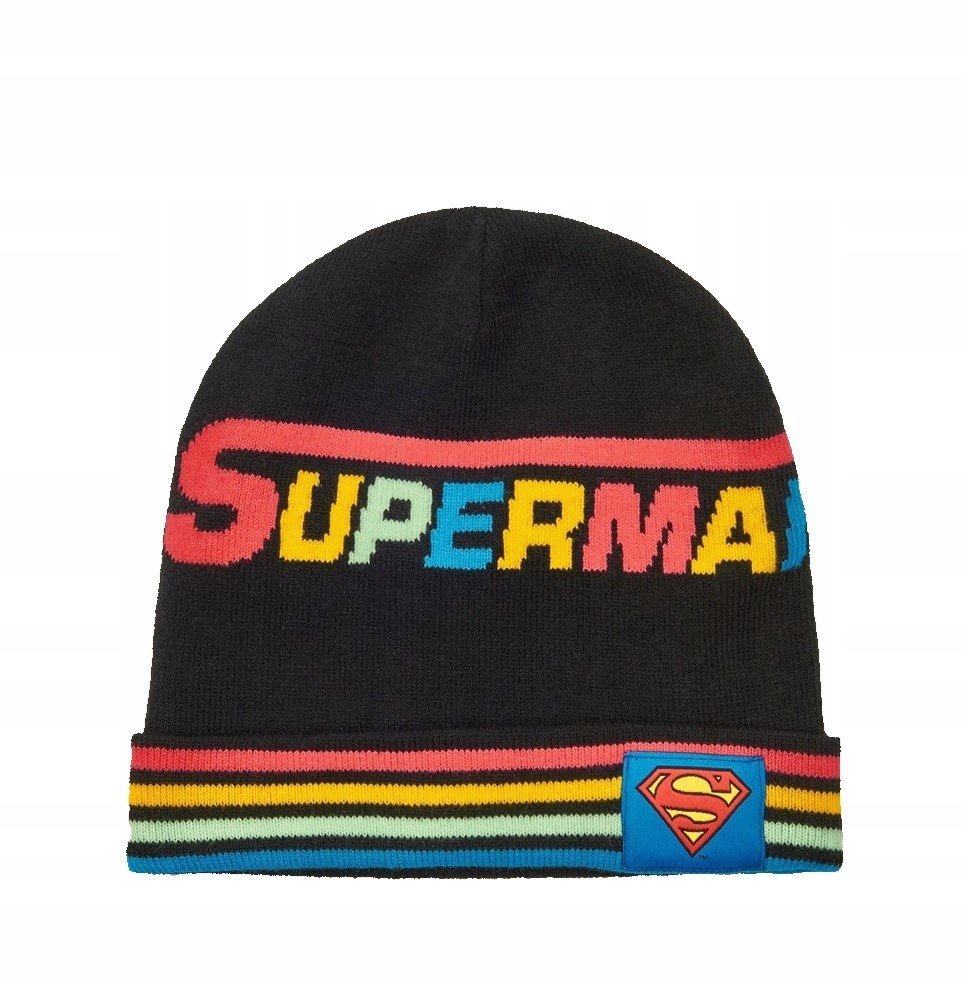 Czapka SUPERMAN zimowa NAPIS kolorowa retro paski uniwersum DC
