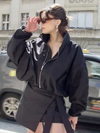 Kurtki damskie - Krótka kurtka bomber collar czarna - miniaturka - grafika 1