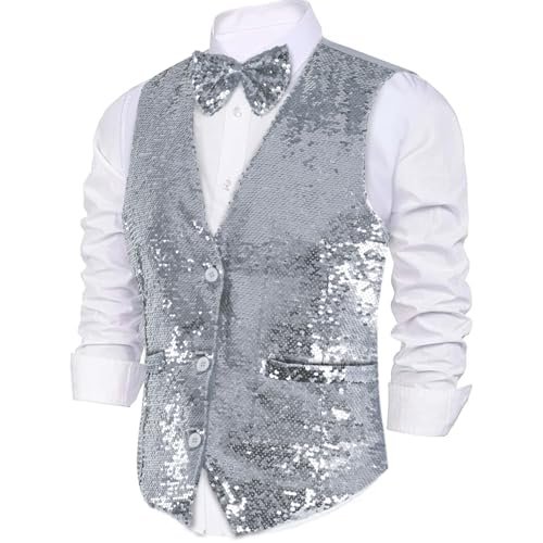 Dress Up America Kamizelka Z Cekinami Dress Up America Z Muszką - Błyszcząca Kamizelka Dla Chłopców (Srebrny, Bardzo duży)